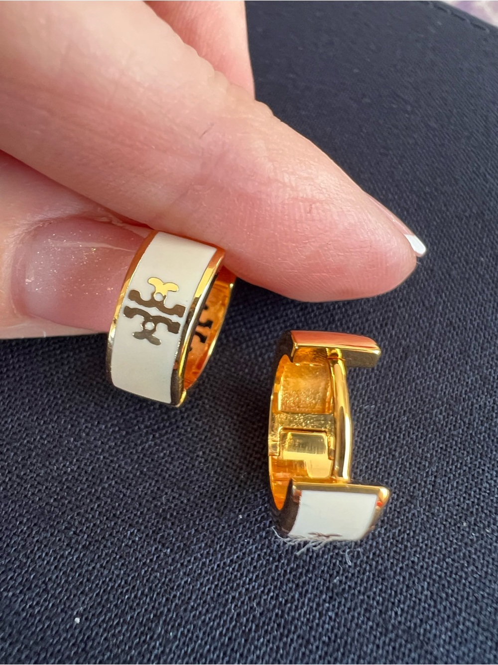 Tory Burch Gold-Tone Cuff Link Earrings with White Enamel